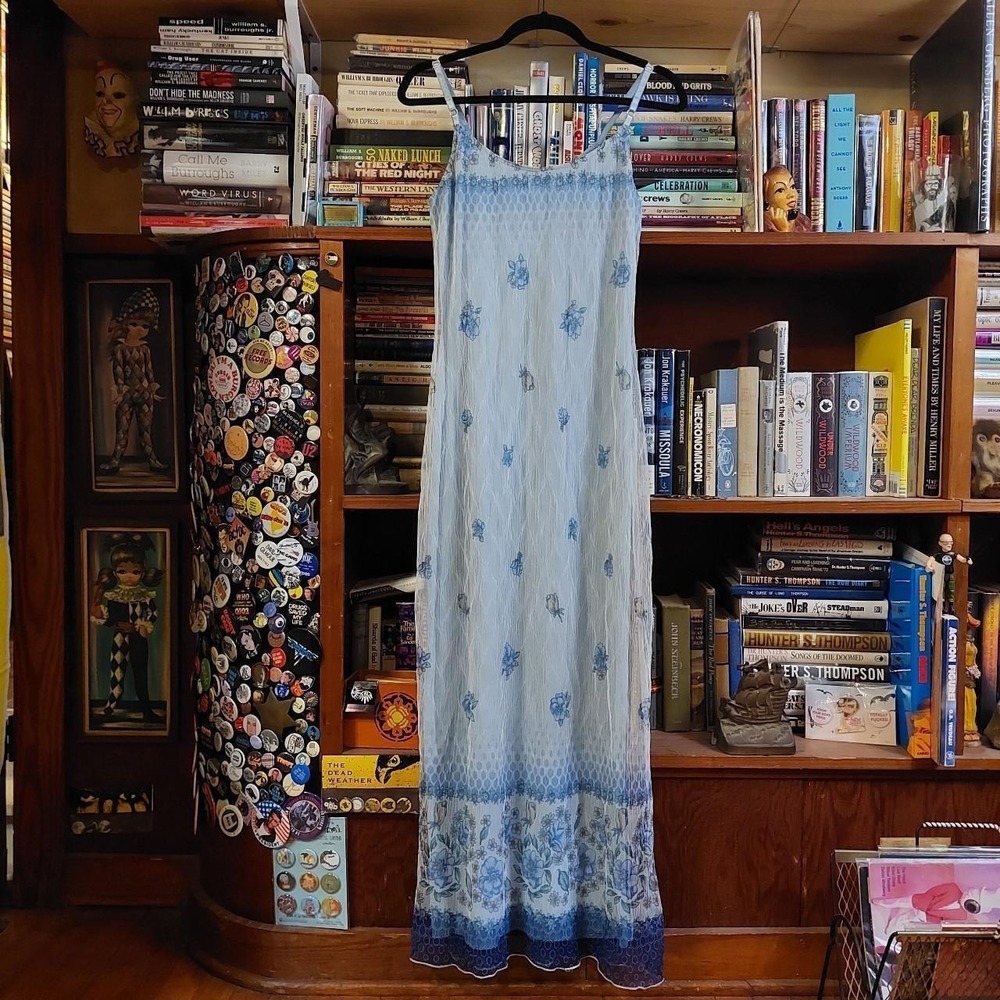 Vintage Ceduxion 90s Floral Mesh Maxi Dress Light Blue Size L Adjustable Straps